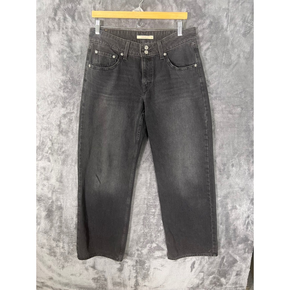Levis Superlow Jeans Womens 30 Black Denim Double Button Straight Leg Y2K Style